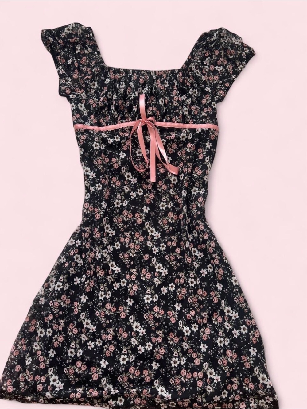 Black Floral Dress with Pink Ribbon
